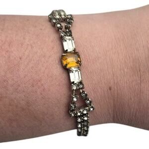 Amber Rhinestone Tennis Bracelet Silver Tone – Vintage Glam Art Deco